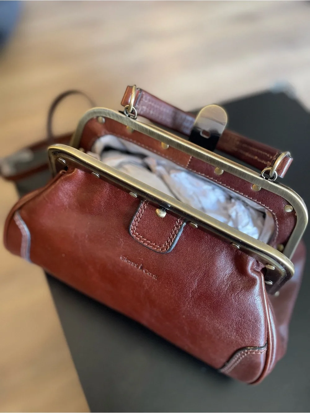 Gianni Conti Brown Leather Frame-Top Satchel